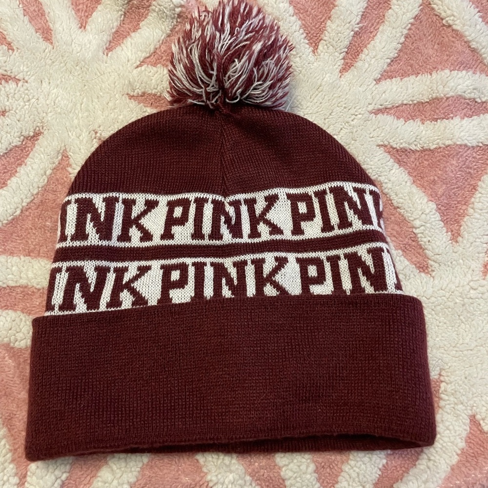 VS Pink Maroon and White Pom-Pom Beanie